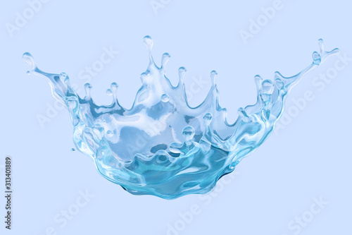 Fresh pure blue sparkling, mineral, micellar water splash. Clean water, liquid fluid wave in abstract splash form isolated, blue background. Healthy drink fluid 3D splash advertising design element photo