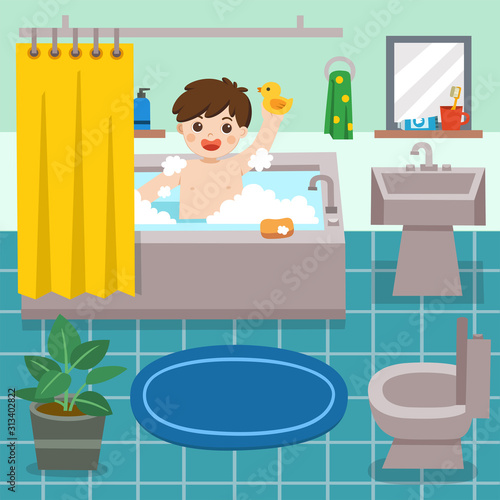 Adorable little boy taking a bath in bathtub with lot of soap lather and rubber duck. Happy boy sits in bathtub with soap bubbles. Vector illustration.