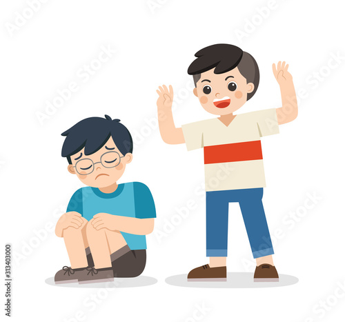 Boy student getting bullied in school.  Sad boy sitting on floor surrounded by classmates mocking him, Problem of bullying at school. Sad moment.