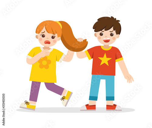 Bullying children. Angry boy pulling girl's hair. She grabs her head with an open mouth look of shock and pain.  Problem of Physical bullying at school. Sad moment.