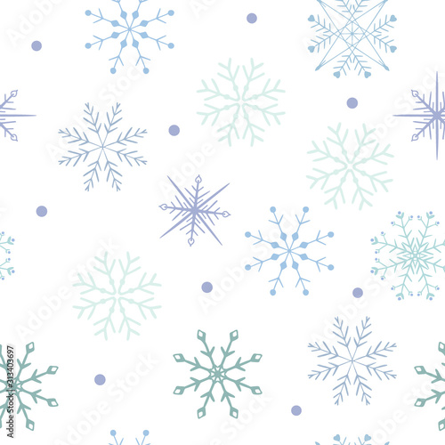 Celebrate freezing snowflakes background. Christmas print fabric wonderful wrapping surface pattern design. Blue snowflakes on light background