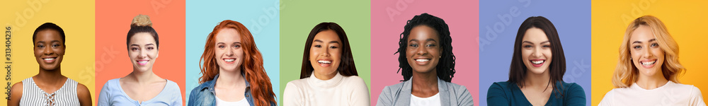 Collage of diverse multiethnic young women smiling over colorful backgrounds - obrazy, fototapety, plakaty 