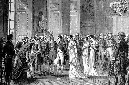 Napoleon Bonaparte and Josephine. Reception at Saint-Cloud Palace. Antique illustration. 1890.