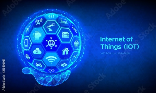 IOT. Internet of things concept. Everything connectivity device concept network, and business with internet. Abstract 3D sphere or globe with surface of hexagons in wireframe hand. Vector illustration