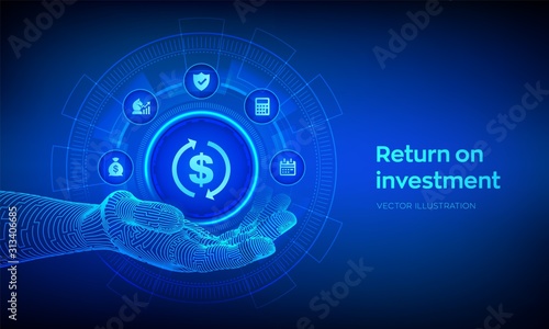 ROI icon in robotic hand. Return on investment business and technology concept. Profit or financial income strategy. Market and Finance, Business Growth. Vector illustration.