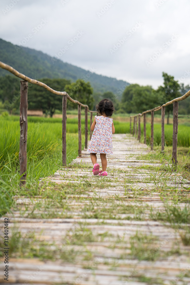 little girl walking on walkway through the paddy rice field. little girl walking on walkway through the paddy rice field.
