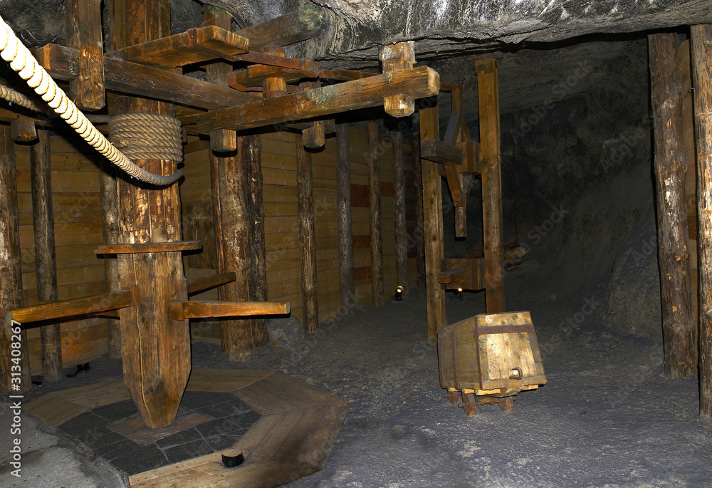 Demonstration of old mine equipment in the salt mine of Wieliczka. The
