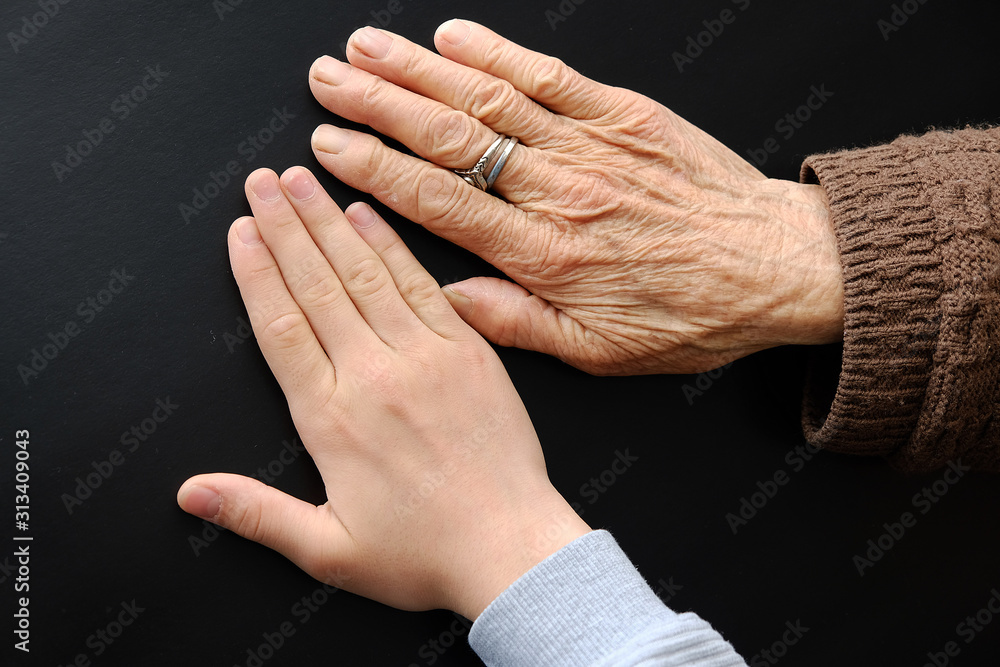 Fototapeta premium old human and young human hand side by side, hand comparison,