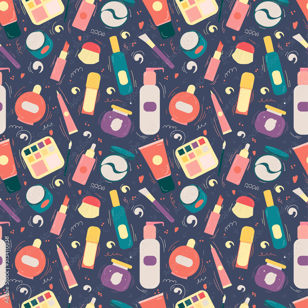 Hand drawn doodle Vector seamless pattern with makeup items - nail polish, mirror, perfume, lipstick, powder brush, necklace, mascara, palette, Hand drawn doodle Vector seamless pattern with makeup items - nail polish, mirror, perfume, lipstick, powder brush, necklace, mascara, palette,