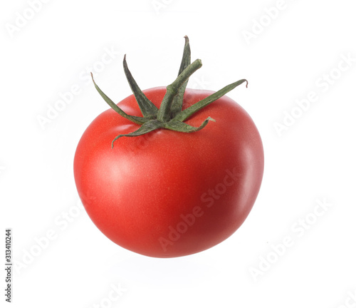 Fresh tomato with stalk isolated on white background. 