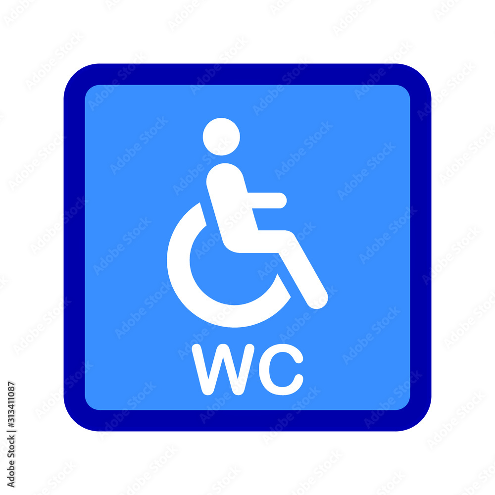 WC sign with wheelchair, handicapped, accessibility , access sign in flat blue design. Vector icon 