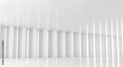 Abstract white floor and wall background with columns. Modern showroom design. Futuristic interior view. 3d Rendering.