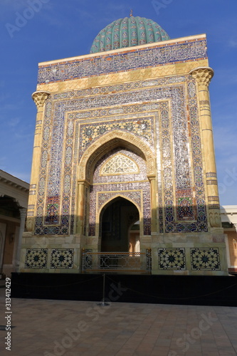 Turquoise dome,the portal,the mausoleum of Imam al Bukhari in Samarkand, Uzbekistan