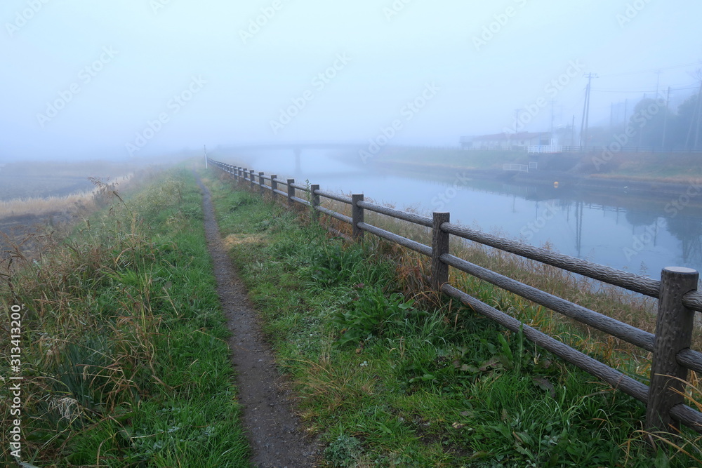 冬の朝霧の坂川放水路土手風景