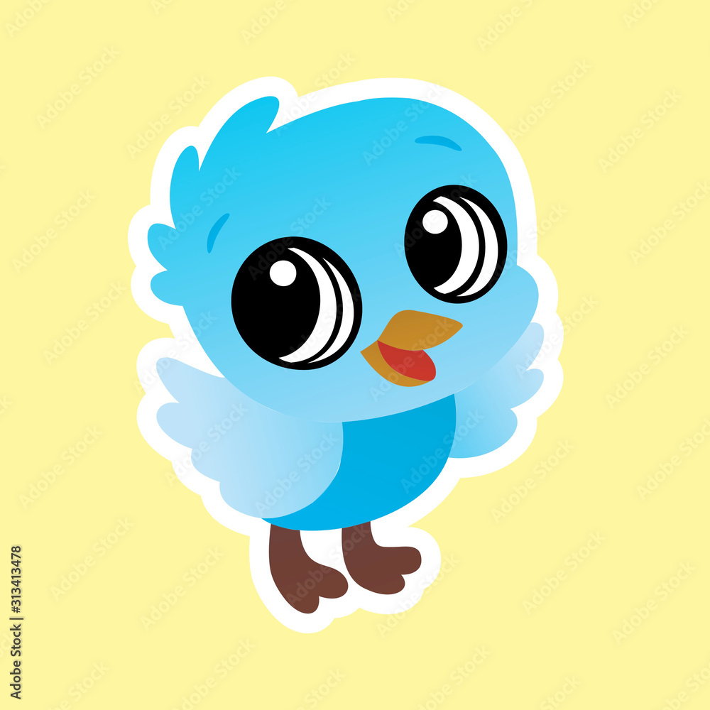 Sticker of Blue Baby Bird Cartoon, Cute Funny Character, Flat Design