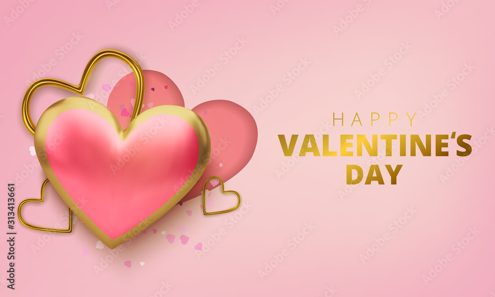 Happy Valentines Day greeting card. Realistic 3d hearts on pink background. Love and wedding. Vector illustration