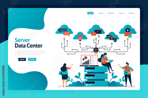 Server data center landing page design. data storage and analysis services in database, computing support and big data management services. vector illustration for poster, website, flyer, mobile app