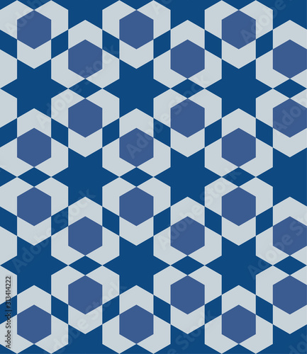Classic Blue Ornate Seamless Vector Pattern of Moorish Tile Decorations. Tileable mosaic background in Islamic style.