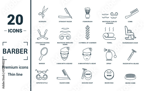 Barber Shop icon set. Include creative elements scissors, foam brush, straight razors cross, towel, mirror icons. Can be used for report, presentation, diagram, web design