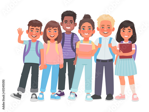 Group of elementary school students. Boys and girls of different nationalities with books and backpacks on a white background