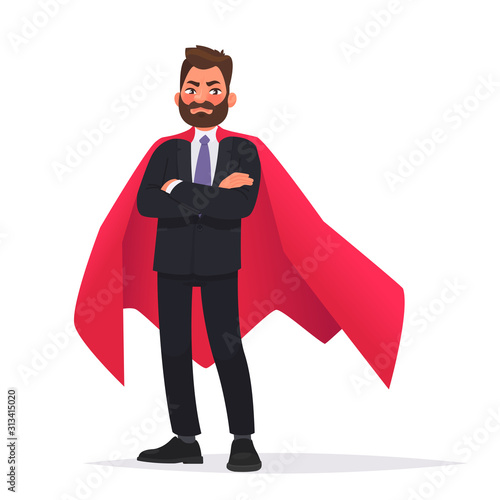 Determined businessman or office worker super hero in a red cloak. The concept of leadership and strength in business