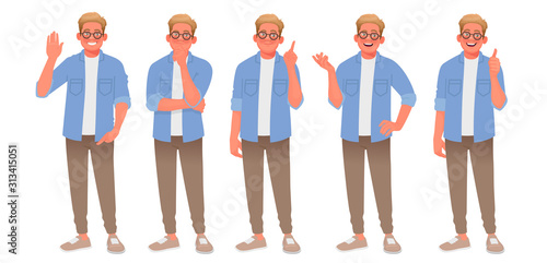 Set of character of a young man with various gestures. The guy welcomes, thinks, finds a solution, speaks and approves. Person for your project