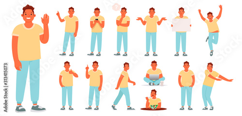 Set of character of a young man in various poses and actions. The guy is engaged in daily affairs. He works, rests, eats