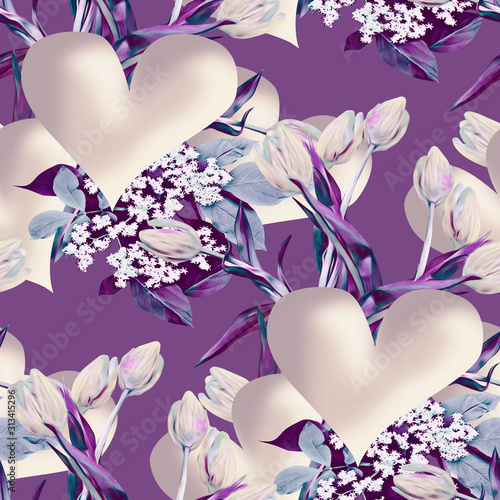 Valentinesday with heart, tulips and elderplant. seamless pattern.