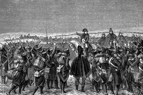 Canvas Print Napoleon cheering on Marshal Marmont's troops during the snowfall