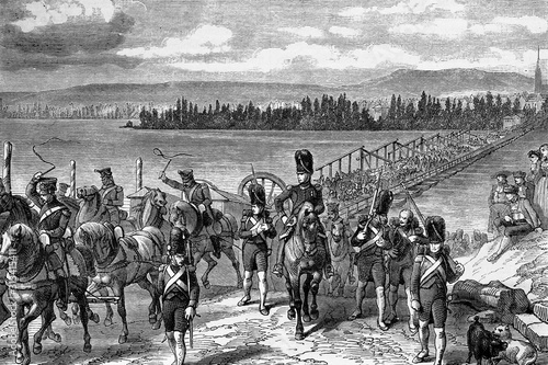 The French army crossing the Rhin river. Napoleonic wars. Antique illustration.1890.