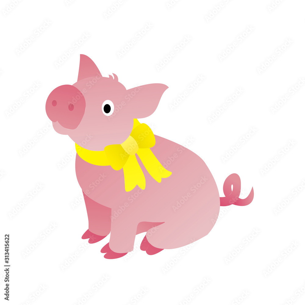 Illustration of Pig Wears A Yellow Tie Cartoon, Cute Funny Character, Flat Design
