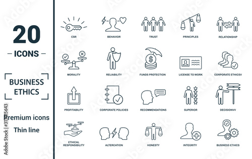 Business Ethics icon set. Include creative elements csr, trust, morality, license to work, profitability icons. Can be used for report, presentation, diagram, web design
