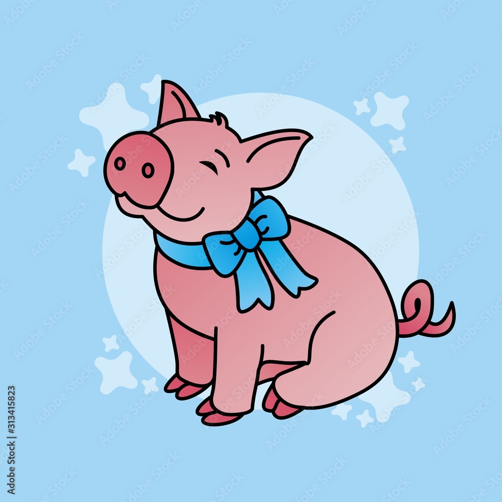 Naklejka premium Illustration of Pig Wears A Blue Tie Cartoon, Cute Funny Character, Flat Design