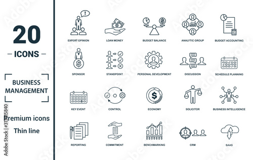 Business Management icon set. Include creative elements expert opinion, budget balance, sponsor, discussion, key event icons. Can be used for report, presentation, diagram, web design