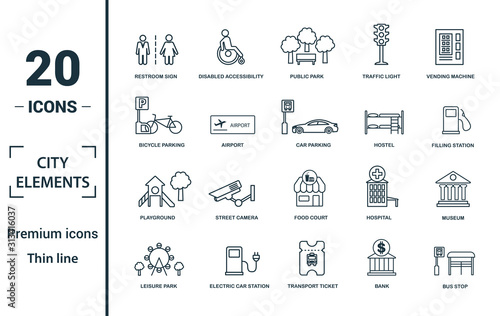 City Elements icon set. Include creative elements restroom sign, public park, bicycle parking, hostel, playground icons. Can be used for report, presentation, diagram, web design