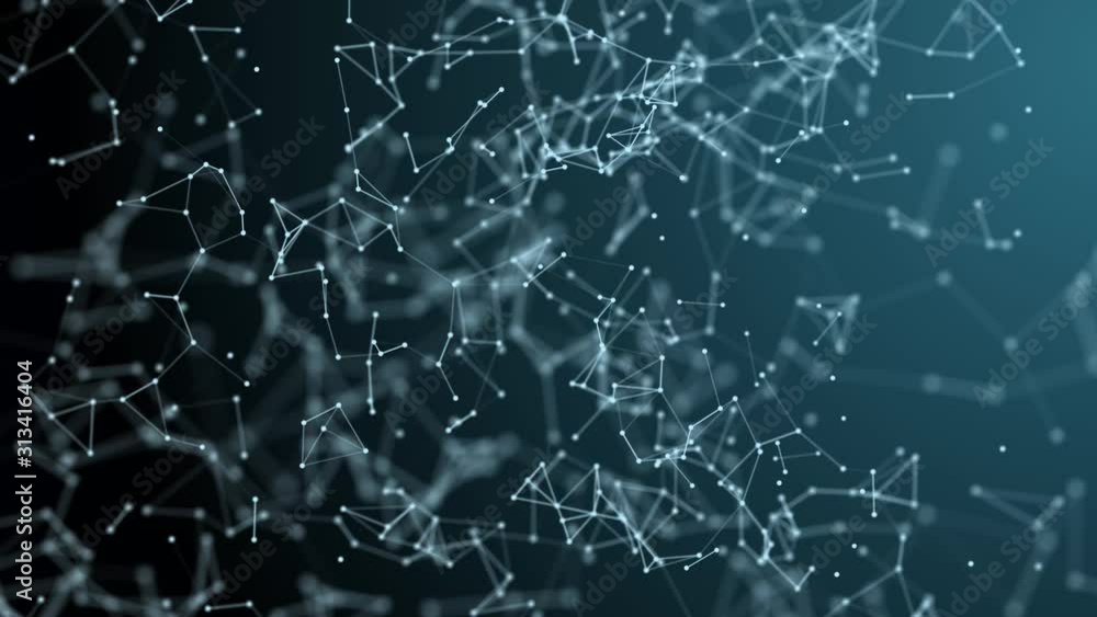 Cg animation, abstract blue background, camera flying through dots and lines, geometric manipulations. Big data, chain block, cryptography, cloud storage, social connections