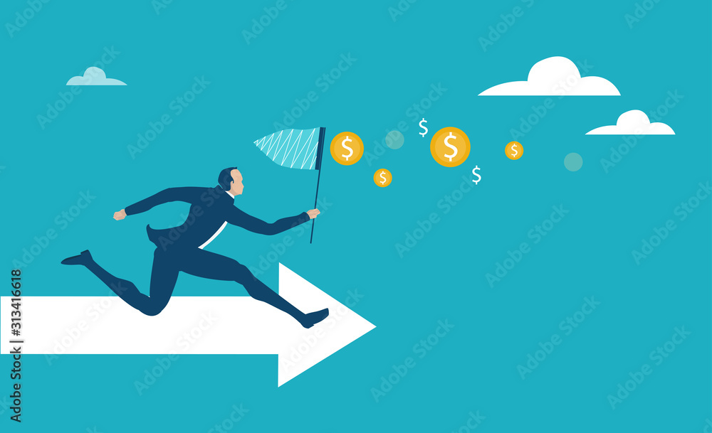 Businessman running with the butterfly net in hope to catch more money and better opportunity in life. Business concept illustration