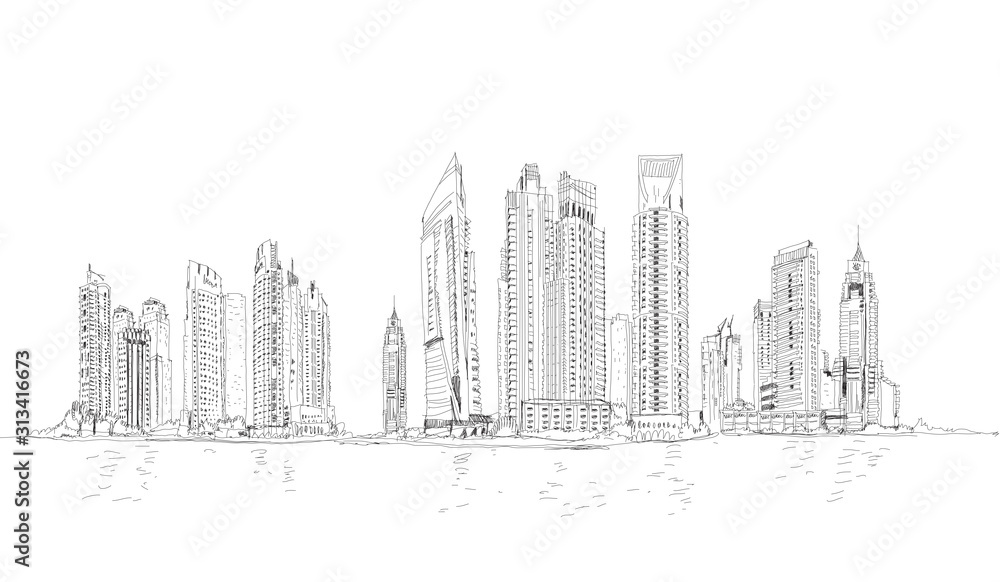 llustration of the Dubai skyline: Skyscrapers of the Dubai Marina Dubai panoramic view with skyscrapers. Detailed sketch