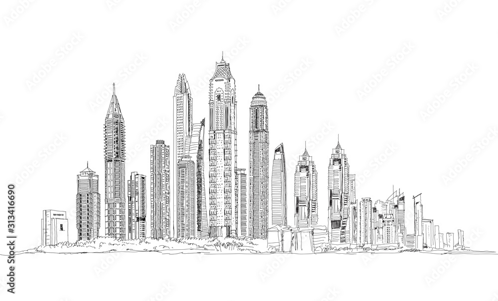 June 12, 2019: Illustration of the Dubai skyline: Skyscrapers of the Dubai Marina Dubai panoramic view with skyscrapers. Detailed sketch