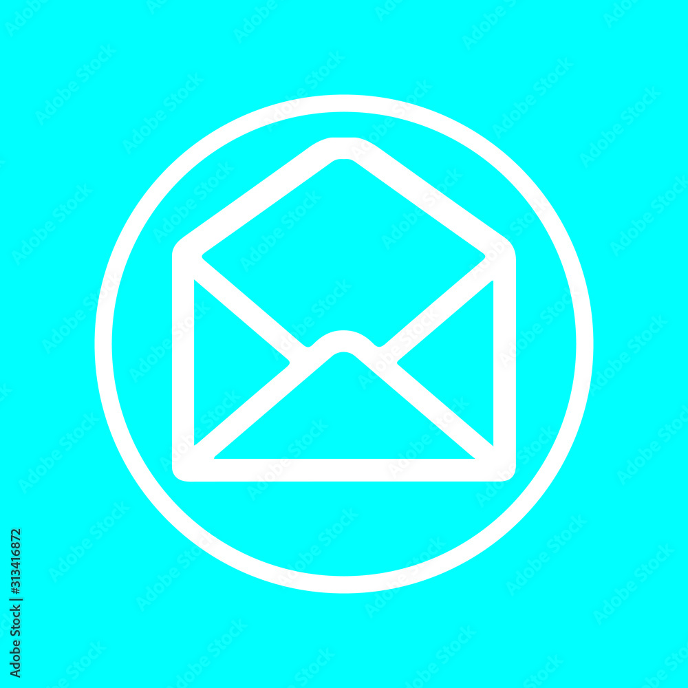 Mail icon, white open envelope symbol isolated on blue background Mail icon, white open envelope symbol isolated on blue background
