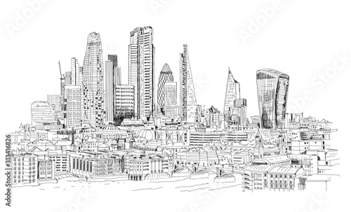 London, UK. illustration City of London business area view at 2020. Financial district and Thames river. 