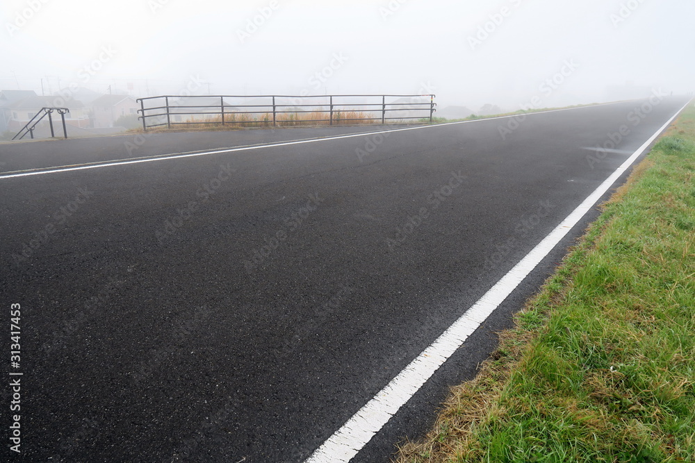 Fototapeta premium 冬の朝霧の江戸川サイクリング道路風景
