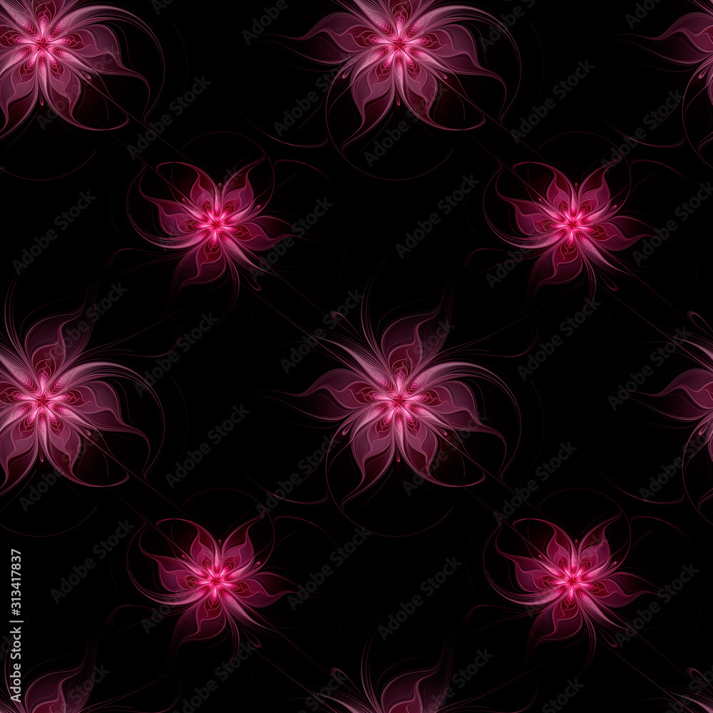 Seamless black background with abstract fractal dark pink flowers Seamless black background with abstract fractal dark pink flowers