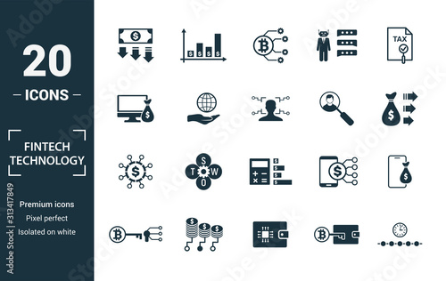 Fintech Technology icon set. Include creative elements basic income, bitcoin technology, online loan, kyc, business model icons. Can be used for report, presentation, diagram, web design