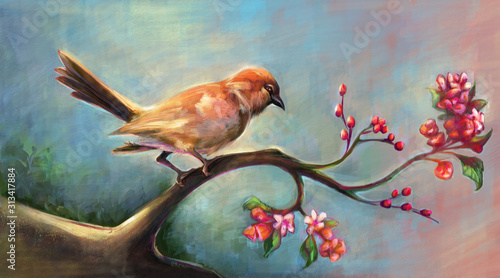 Art of nature, perching bird That has both blooming flowers and fruits. digital art style, illustration painting