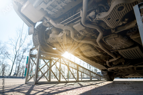 SUV car bottom view. Transmission and suspension