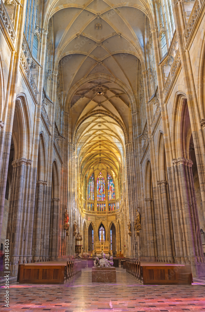 PRAGUE, CZECH REPUBLIC - OCTOBER 14, 2018: The gothic nave of St. Vitus cathedral.