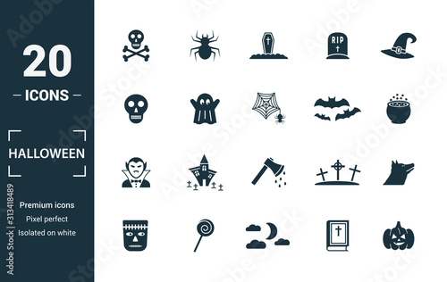 Halloween icon set. Include creative elements skeleton, coffin, skull, bats, vampire icons. Can be used for report, presentation, diagram, web design