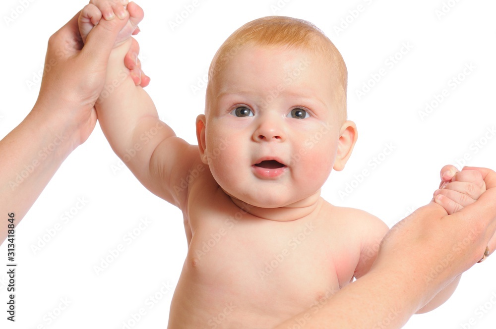 Newborn sits and holds mom hands Newborn sits and holds mom hands