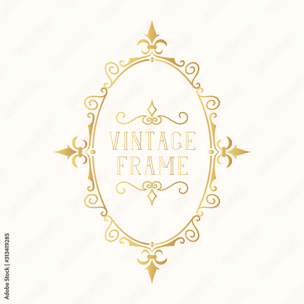 Hand drawn golden oval frame. Vintage ornate classic wedding border. Vector isolated gold calligraphic invitation card.